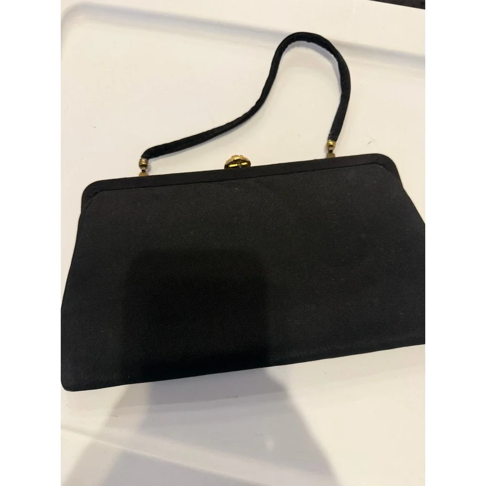 Vintage Black Fabric Evening Bag Gold Rhinestone Clasp Peach Lining Retro Clutch